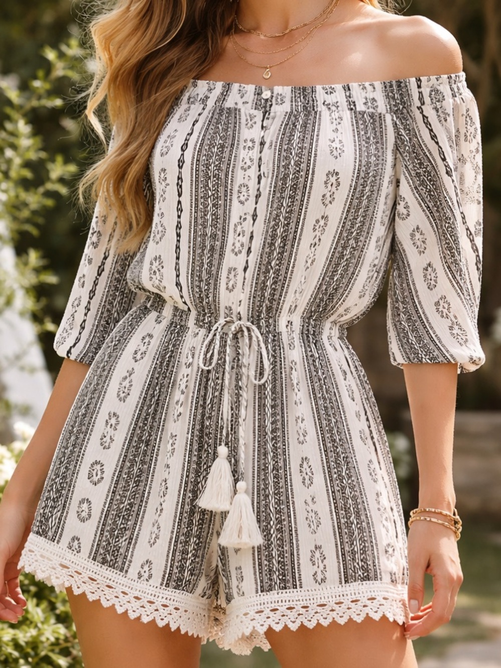 ABERCROMBIE & FITCH Boho Peasant Festival Romper Cottagecore Prairie Tassel Lace